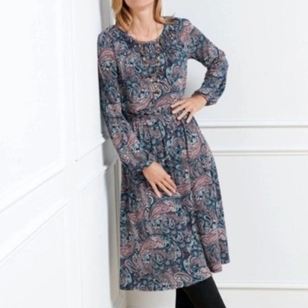 Talbots NWT Paisley Jersey Smocked Fit & Flare Midi Dress Blue Pink XL